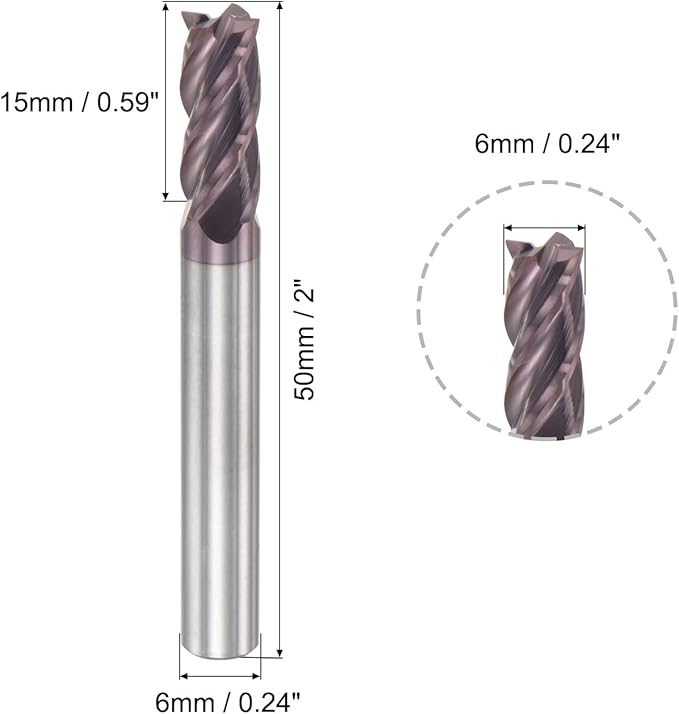 uxcell Square Nose End Mill, 6mm Tip Dia Solid Carbide AlTiN Coated CNC Router Bits 4 Flute Spiral Milling Cutter HRC55 with 6mm Shank 50mm (2-inch) Length