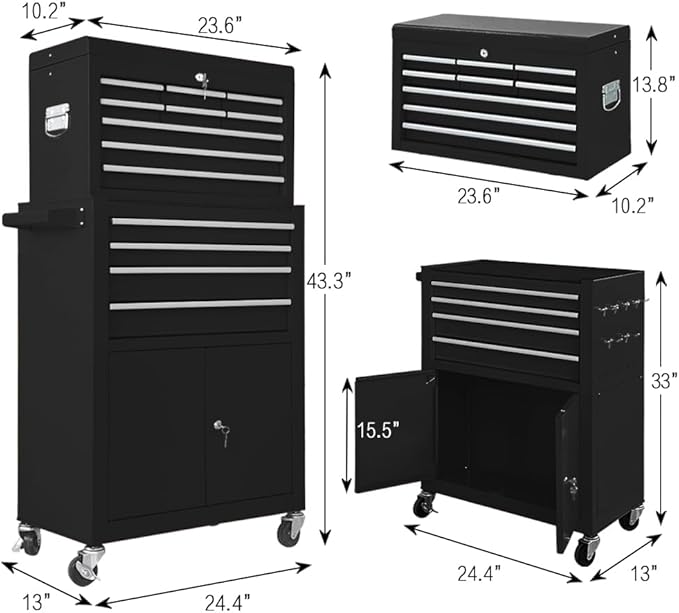 Tool Chest 13-Drawer with Double Door and wheels, Large Detachable Toolbox with Sliding Drawers, Mechanic Tool Box Storage Cabinets, Metal Tool Cart for Garage Workshop (BLACK)