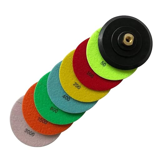 5" Dry Stone Polishing Pads Set with Rubber Backer (50, 100, 200, 400, 800, 1500, 3000 Grit) - for Granite, Marble, Concrete Countertops