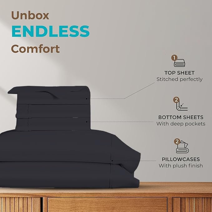 Split King Sheets for Adjustable Beds 5-Piece Split King Sheet Set, 800 Thread Count 100% Egyptian Cotton,18" Deep Pocket Adjustable Bed Sheets, Black Solid