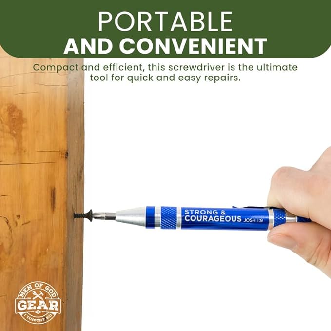 8-in-1 Pen Style Screwdriver ??Strong and Courageous, Josh 1:9 -Hidden 4.5" x 0.5" Pen Multitool with Screwdriver Bits, Storage Space & More - Christian Pocket Tools For Men