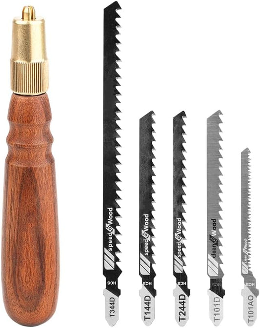 TOOLCOOL Wooden Handle Mini Hand Saw Small Jig Saw With 5 Pcs Fine Coarse Teeth Jigsaw Blades Woodworking Tools for Wood Cutting and Tree Branch Trimming (Round Handle)