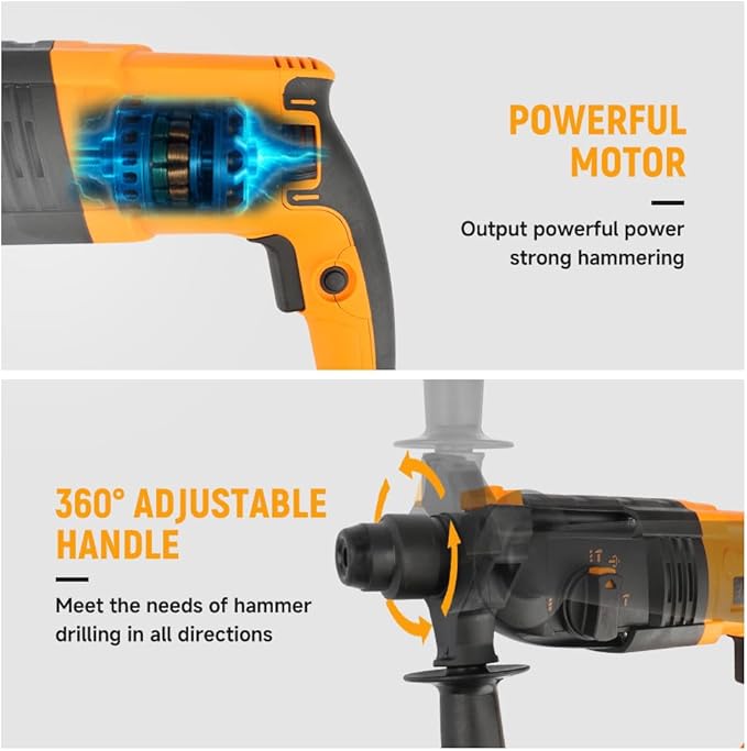Hoteche 5.17 Amp SDS-Plus Rotary Hammer Drill, 4-Function 24mm (15/16") ??2.6J Impact Energy, 0??850 BPM, Variable Speed ??6 Drill Bits, 2 Chisels, UL Plug, Carrying Case ??For Concrete, Wood, Steel