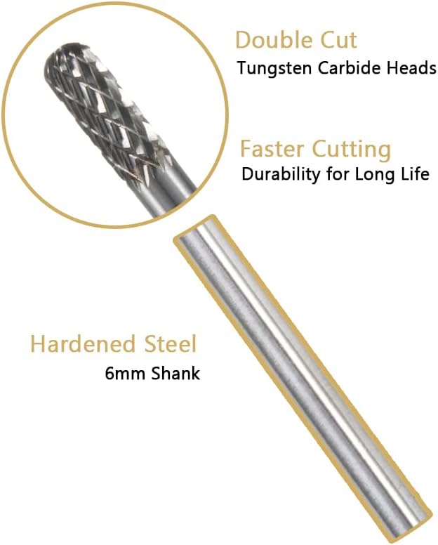 Carbide Burr Set 10PC 1/4" Shank ??6mm Tungsten Double Cut Carbide Rotary Burr Set for Metal and Wood Carving, Grinding, Polishing, Engraving, Drilling.