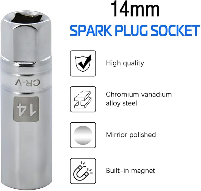 14mm Thin Wall Magnetic Spark Plug Socket 3/8 Inch Drive 12-Point Spark Plug Socket Compatible with Motorcycle, Car, SUV, BMW, Nissan, Mini, Mercedes