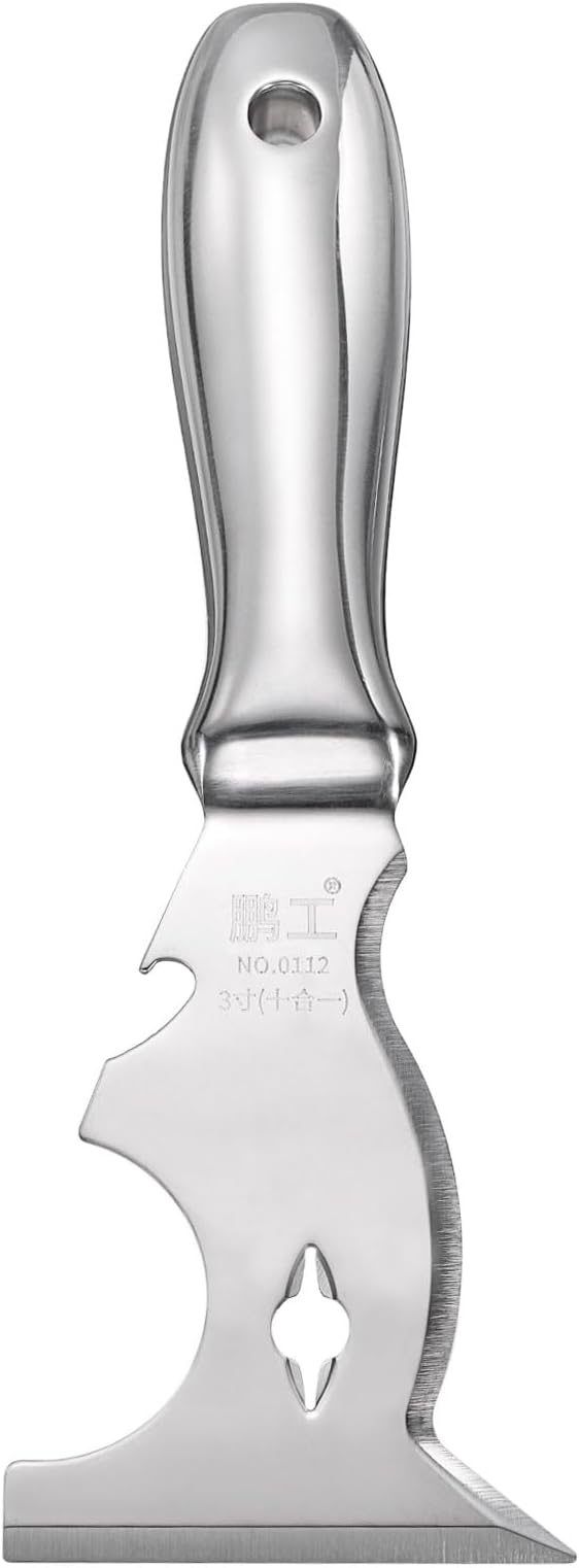 uxcell 10-In-1 Paint Scraper 3" Stainless Steel One Piece Multi-Use Putty Knife Painter Tool Drywall Repair Mud Knife for Removing Cement Wallpaper Mud Adhesive Taping with Hammer End