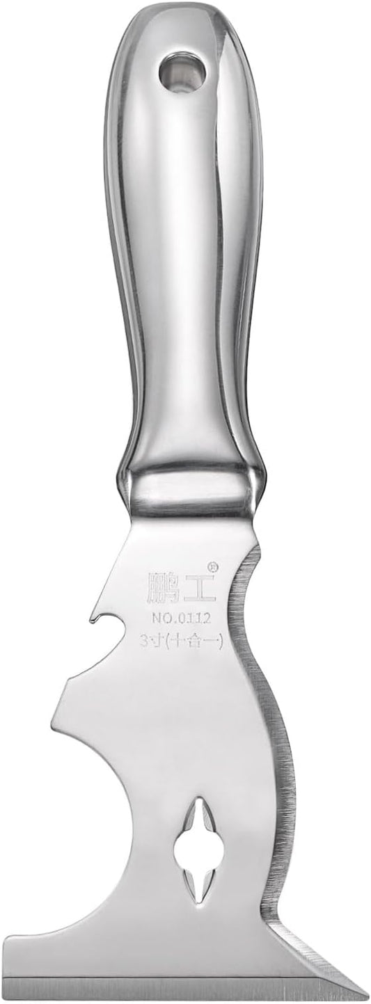 uxcell 10-In-1 Paint Scraper 3" Stainless Steel One Piece Multi-Use Putty Knife Painter Tool Drywall Repair Mud Knife for Removing Cement Wallpaper Mud Adhesive Taping with Hammer End