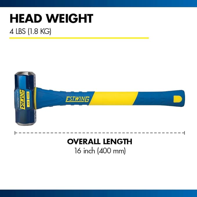 Estwing 4-Pound Hard Face Sledge Hammer, 50-55 HRC, 16-Inch Fiberglass Handle, Overstrike Protection, Textured Grip