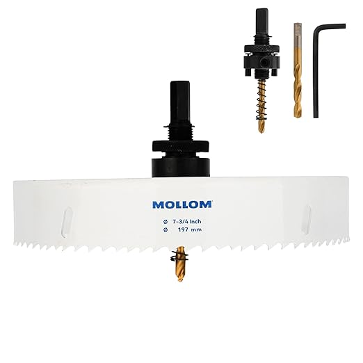 Mollom (197mm | 7-3/4") HSS M42 with 8% Cobalt BI-Metal Hole Saw with 2 Pilot Drill Bits & Arbor Smooth Cutting for PVC,Drywall,Wood,Plastic,Gypsum Board,Rubber