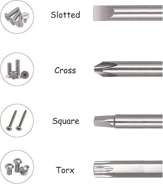 30pcs 100mm Long Screwdriver Drive Bits Magnetic Drill Bit Set 1/4 Inch Hex Shank S2 Steel Security Screw Bit Kit Power Tools (Slotted + Cross + Square + Torx Bits)
