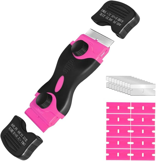Razor Blade Scraper Tool Kit with 20Pcs Razor Blades, Plastic Paint Scraper, Double Edged Razorblade Scraping Tool for Glass, Windows, Stickers, Tint, Decals, Labels, Cooktop, Oven(Pink)