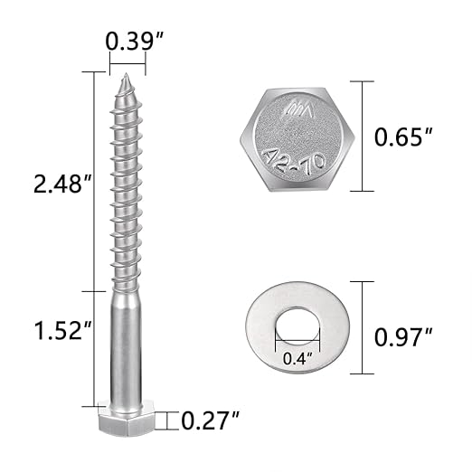 20 Pcs M10x4 Inch Hex Head Lag Screws 304 Stainless Steel 18-8 Exterior Use Lag Screws for Large Outdoor Engineering Projects Outdoor Platforms, Large Fences