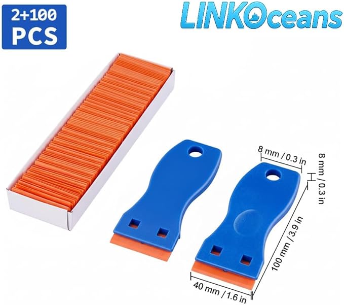 Plastic Razor Blade Scrapers with 100 Blades ??LINKOceans Safe Adhesive Remover for Stickers, Decals, Labels, Caulk & Gaskets on 3D printer beds,Glass,car or Windows Non Scratch Cleaning Tool