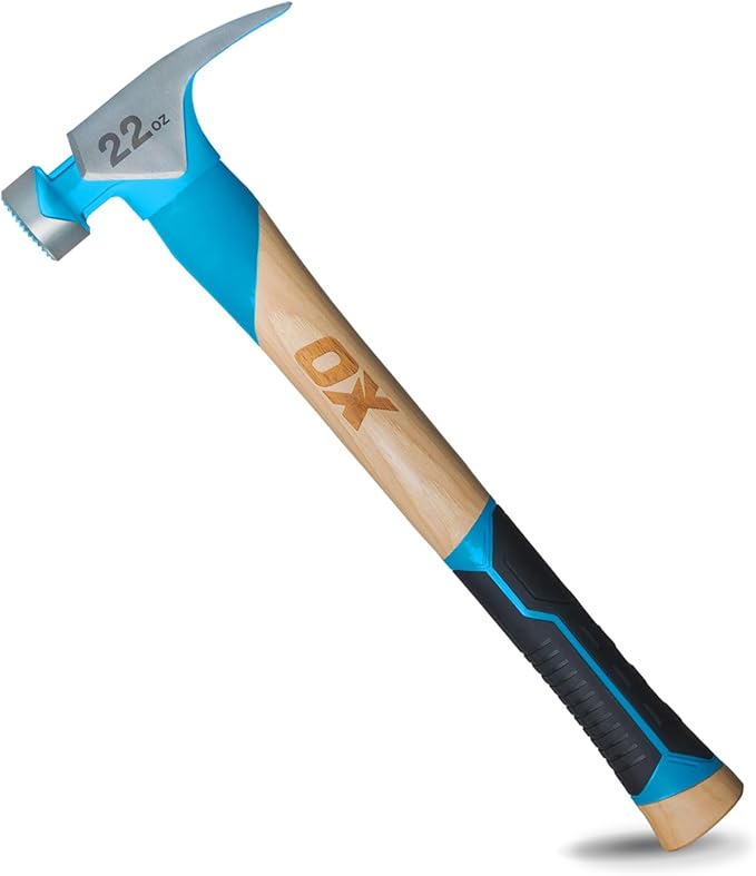 OX Tools Pro 22oz Straight Hickory Handle Hammer with TPR Rubber Hands Grip - Hickory Framer with Magnetic Nail Starter Milled Face Nail Puller Carpenter Hammer OX-P089322