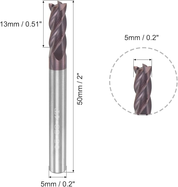 uxcell Square Nose End Mill, 5mm Tip Dia Solid Carbide AlTiN Coated CNC Router Bits 4 Flute Spiral Milling Cutter HRC55 with 5mm Shank 50mm (2-inch) Length