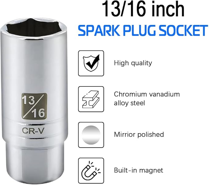 13/16-inch Magnetic Spark Plug Socket 3/8-inch Drive 6-Point Powerful Magnet Retains Spark Plugs Chrome Vanadium Steel