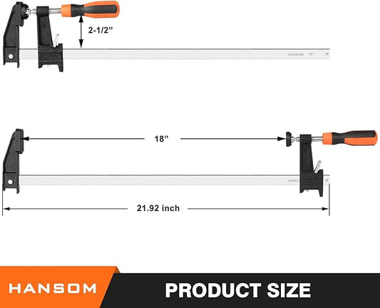 HANSOM 4-Pack 18 inch Bar Clamps,Long Wood Clamps Heavy Duty Force 600 Lbs Adjustable and Release Quickly,Woodworking Clamps Throat Depth 2.5 inch with Plastic Handle