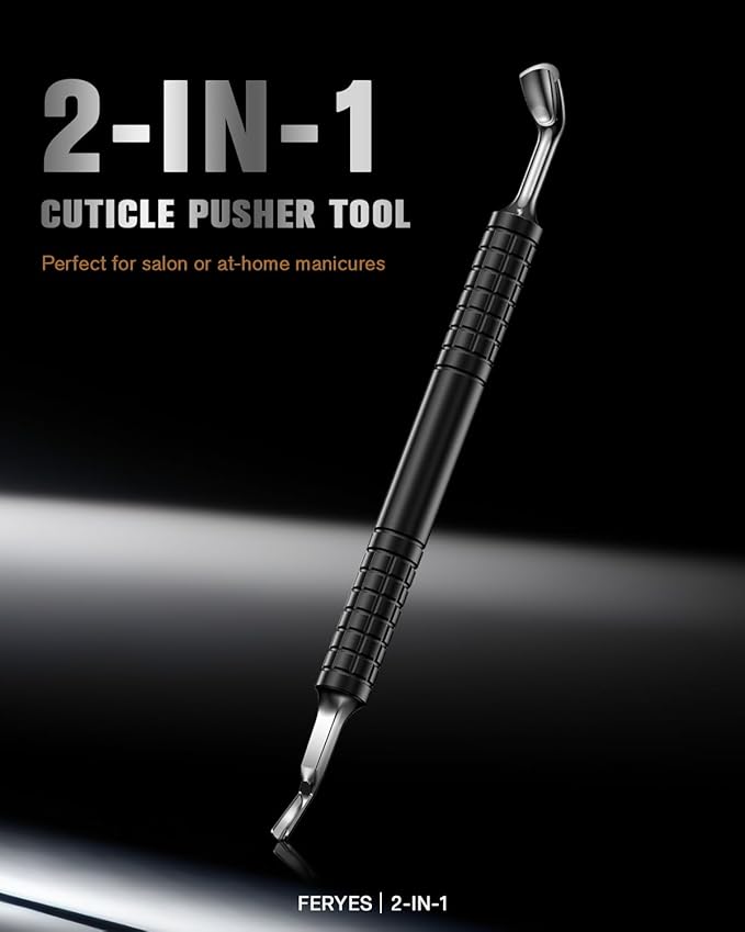 FERYES Upgraded Horseshoe Shape Cuticle Pusher with Fork, 2-in-1 Cuticle Remover Tool, Stainless Steel Cuticle Trimmer Nail Care Tool for Manicures- Black(5.6 Inches）