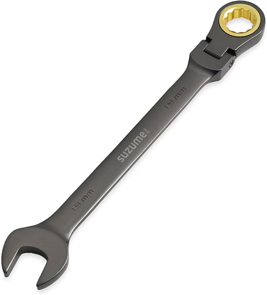 SUZUME 19mm Flex Head Ratcheting Wrench Metric 72 Teeth Cr-V Steel 15K+ Cycle Locked Gears with 180째 Flexible Head Black Nickel Coating