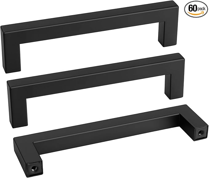 Goldenwarm 60 Pack 5 Inch Black Cabinet Handles Matte Black Drawer Pulls Stainless Steel Cabinets Hardware Square Bar Modern for Kitchen Bathroom Cupboard