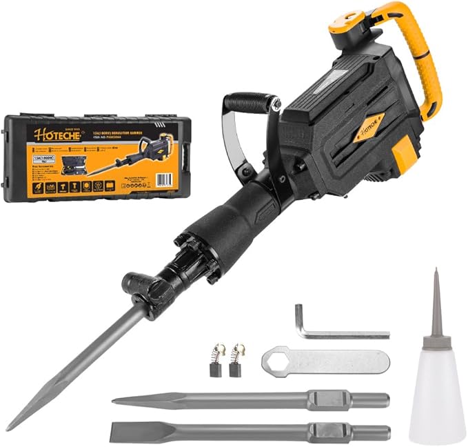 Hoteche 1800W Demolition Electric Jack Hammer 1800 BPM Heavy Duty Concrete Breaker with Point and Flat Chisel