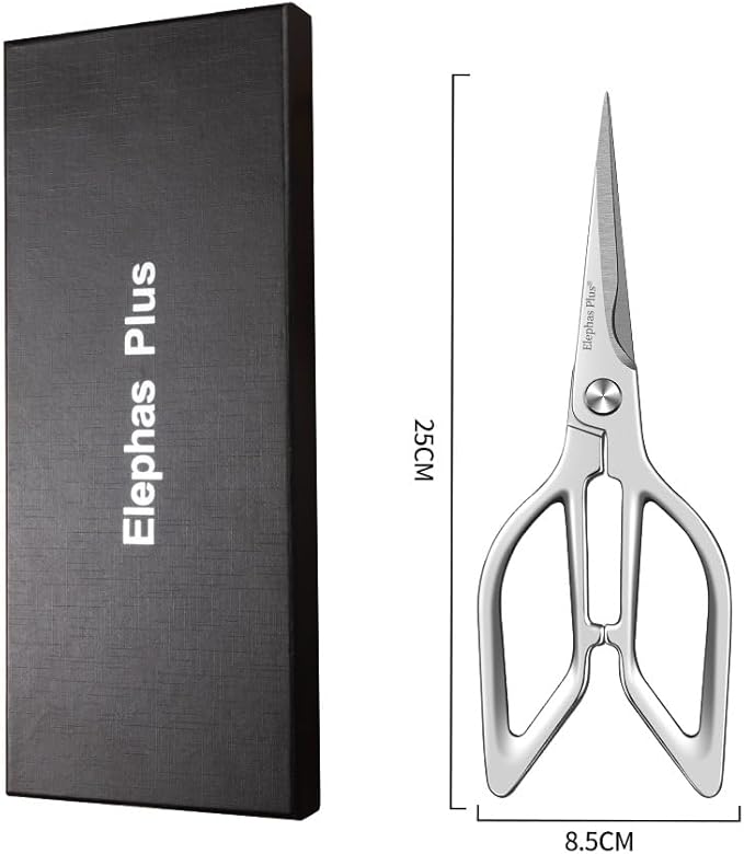 Silvery All Stainless Steel Food Scissors - Design Sense and Appearance - Food Cutter with Easy Clean Sharp Blade - Kitchen Scissors for Festive Gift with Gift Box
