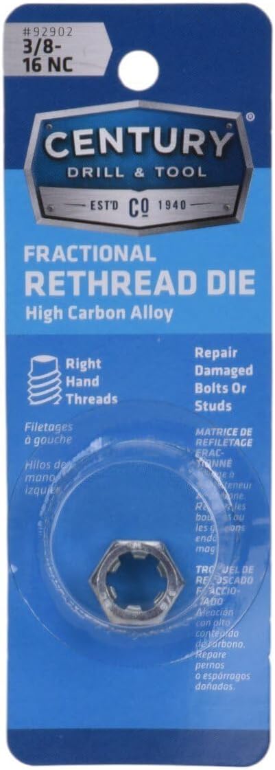 Century Drill & Tool 92902 Rethreading Die, 3/8-16 NC, National Coarse Fractional Right Hand Rethreading Die, High Carbon Steel, Fix Damaged Bolts or Studs