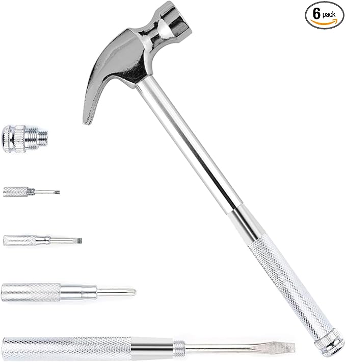 6-in-1 Metal Multifunction Hammer & Screwdriver Hand Tool Set Including Cross & Flat Screwdriver for Opening Walnuts, Wall Hanging, Nice Little Gifts (argent)