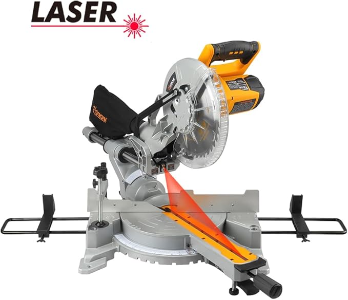 Hoteche 10-Inch Miter Saw 15A Sliding Compound Single Bevel Chop Saw with Laser Guide and TCT Saw Blade for Wood and Metal Working