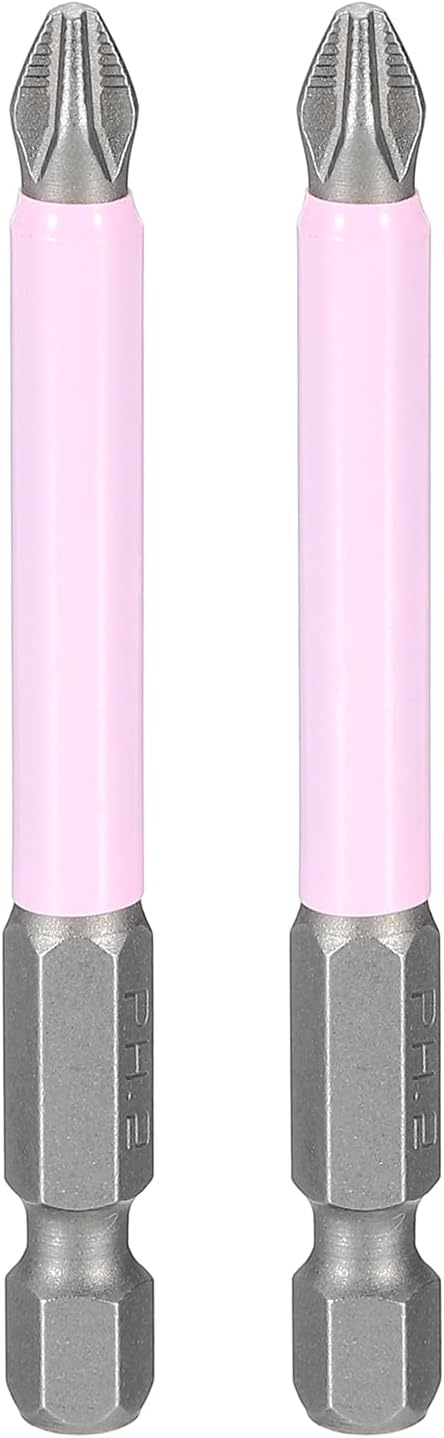HARFINGTON 2pcs #2 Phillips Impact Screwdriver Bit PH2 1/4" Hex Shank 2.8" (70mm) Magnetic Anti Slip Cross Head Drill Bits K5 Steel Screw Driver Tool, Pink
