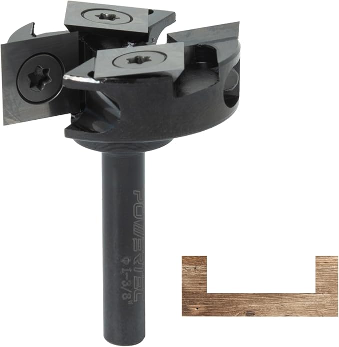 POWERTEC Slab Flattening Router Bit, 1/4" Shank, 1-3/8" Diameter, 1/2" Cutting Depth, 2+2 Flute Carbide Insert Woodworking Surfacing Bit for CNC Machine, Wood Milling & Live Edge Wood Planing (73054)