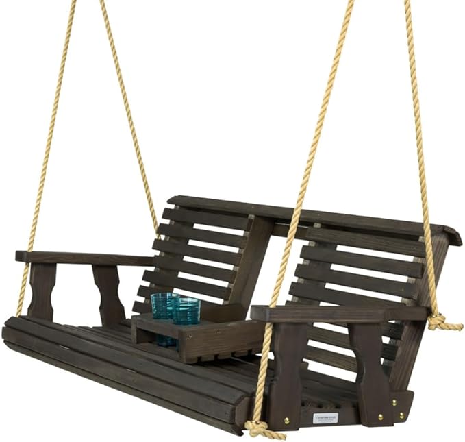 Porchgate Amish Heavy Duty 800 Lb Rollback Console Treated Porch Swing with Hanging Ropes (Dark Walnut)