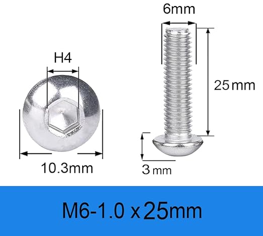 Metuja M6-1.0x25mm Button Head Socket Cap Bolts Screws竊?0pcs竊? Stainless Steel, Full Thread, Silver, Allen Hex Drive