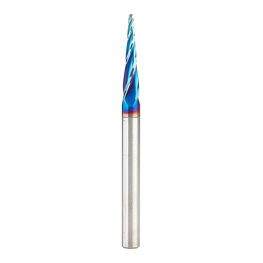 Amana Tool Carbide Up Cut Spiral CNC Router Bits for 2D/3D Carving, 46282-K, 5.4 Deg Tapered Angle Ball Tip 1/16 D x 1/32 R x 1 x 1/4 Shank 4 Flute