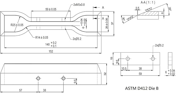 Dumbbell and Straight Section Shape Cutter for ASTM/ISO/JIS Standards for Rubber Specimen Test utilizing Tensile Testing Machine Made by Wire-Cut EDM and Quenching (ASTM D412 Die B)
