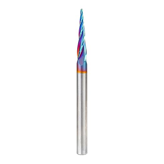 Amana Tool Carbide Up Cut Spiral CNC Router Bits for 2D/3D Carving, 48422-K, 5.4 Deg Tapered Angle Ball Tip x 1.5mm D x 0.75mm R x 26mm x 6mm Sh 4 Fl