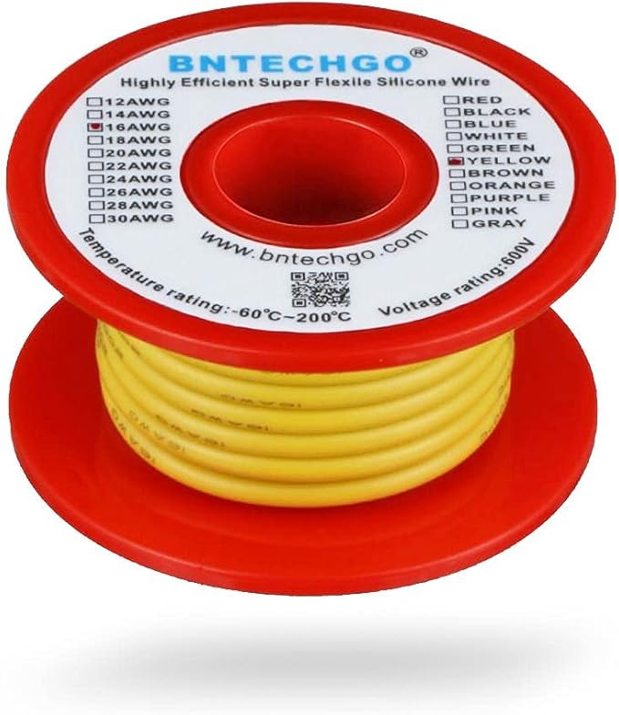 BNTECHGO 16 Gauge Silicone Wire Spool 25 ft Yellow Flexible 16 AWG Stranded Tinned Copper Wire