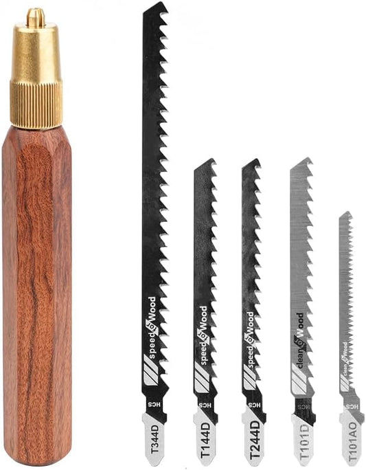 TOOLCOOL Wooden Handle Mini Hand Saw Small Jig Saw With 5 Pcs Fine Coarse Teeth Jigsaw Blades Woodworking Tools for Wood Cutting and Tree Branch Trimming (Hex Handle)
