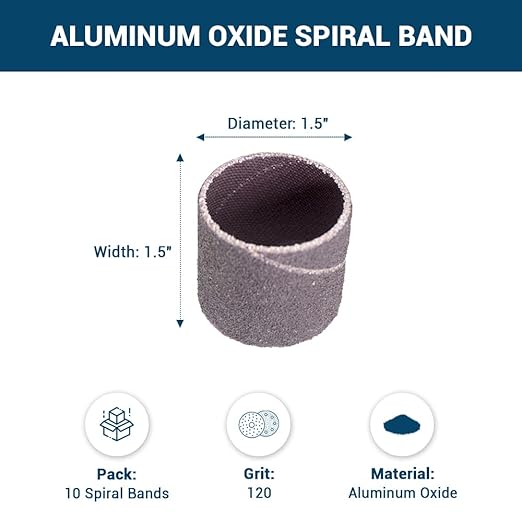 Benchmark Abrasives 1.5" x 1.5" Aluminum Oxide Abrasive Spiral Bands for Rotary Tools, Drum Sleeves for Sanding Deburring Blending Polishing on Metals Plastic Wood Rubber (10 Pack) - 120 Grit