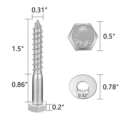25 Pcs M8x2.36 Inch Lag Bolts 304 Stainless Steel 18-8 Exterior Use Lag Screws for Commercial Outdoor Facilities Mall Outdoor Display Racks Supermarket Outdoor Sheds