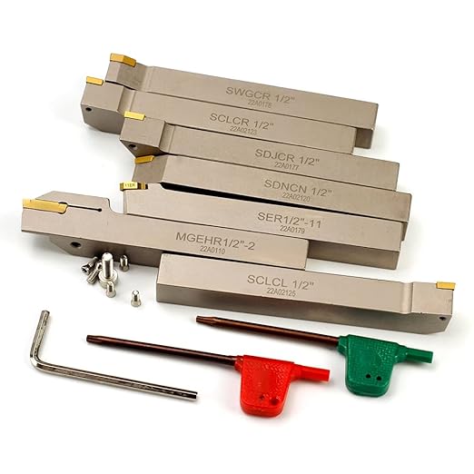 OSCARBIDE 1/2" Shank Heavy-Duty Nickel Plated Indexable Lathe Cutting Tools Set 7 Pieces, CNC & Metal Lathe Tool Holders for Turning, Grooving, Threading, Parting & Cut Off