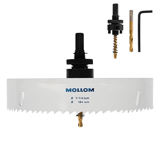Mollom (184mm | 7-1/4") HSS M42 with 8% Cobalt BI-Metal Hole Saw with 2 Pilot Drill Bits & Arbor Smooth Cutting for PVC,Drywall,Wood,Plastic,Gypsum Board,Rubber