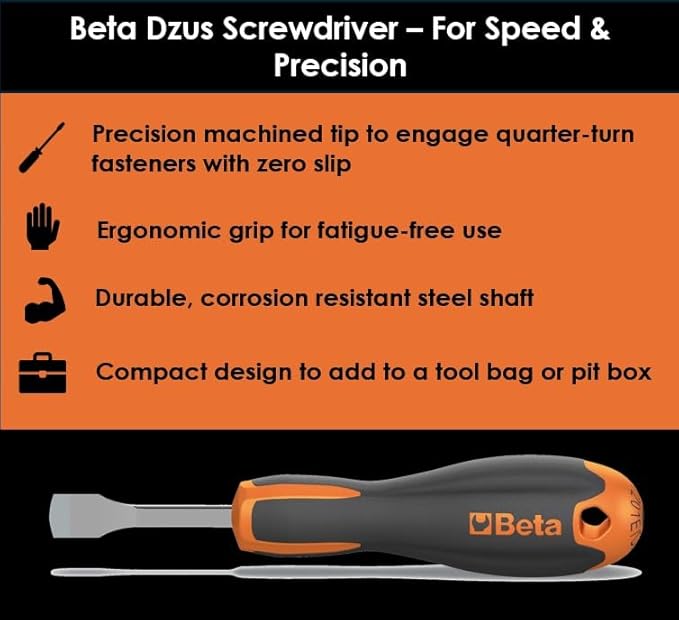 Beta 1201E/DZ Evox Dzus Screwdriver | Quick Turn Quarter-Turn Panel Fastener Tool | Ergonomic Handle, Anti-Roll Design, Chrome-Plated Shank | For Countersunk Dzus Head Screws