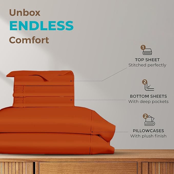 Split King Sheets for Adjustable Beds 5-Piece Split King Sheet Set, 800 Thread Count 100% Egyptian Cotton,18" Deep Pocket Adjustable Bed Sheets, Burnt Orange Solid