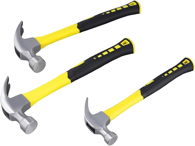 HAKZEON 3 PCS 8/16/24oz Claw Hammers, Nailing Hammer with Shock Absorption handle, Screw Thread Steel Head Rip Claw Hammer framing hammer for Repairing Furniture Assemble