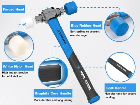 REAL STEEL Small Rubber Mallet Hammer 12 Oz Double Face Hammer Soft/Hard Graphite Core Handle (0313)