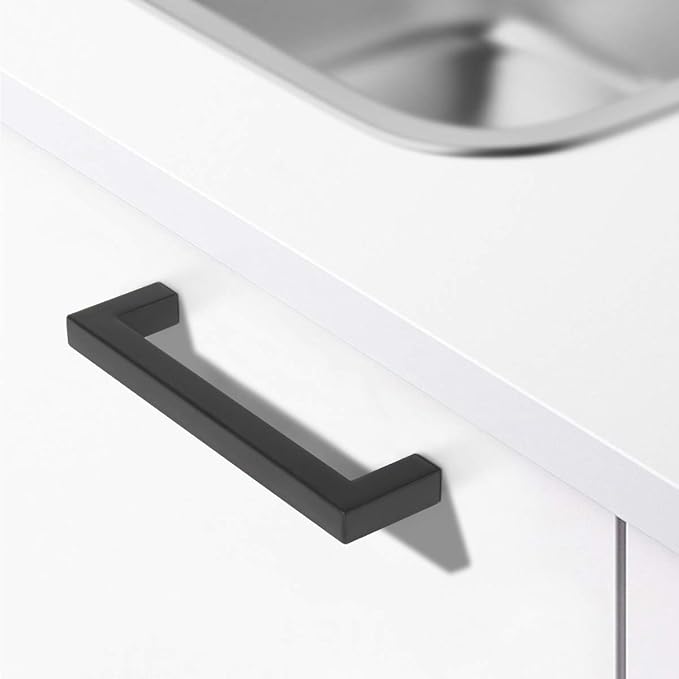 Probrico (25 Pack) Matte Black Square Cabinet Handles 4 Inch(102mm) Hole Center Stainless Steel Drawer Pulls Modern Cabinet Hardware for Kitchen Bathroom