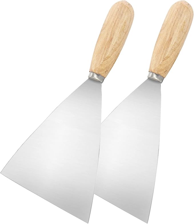 Putty Knife, 2 PCS 5 Inch Metal Scraper, wooden Handle Spackle Knives for Drywall, Decals, Wall paper, Patching, Painting, Taping, Scraping Coating