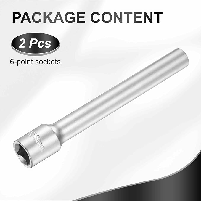 HARFINGTON 2pcs 6 Points Deep Socket 3/8" Drive 8mm Deep Metric CR-V Steel Polished Nickel Plating Flip Sleeve 120mm / 4.7" Extra Long Socket Tool for Home Auto Nuts Bolts Repair
