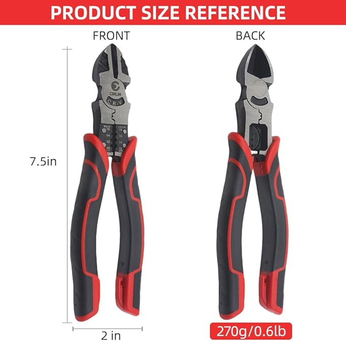 3-in-1 Diagonal Cutting Pliers, 7.5" Multifunction Heavy Duty Side-Cutting/Stripping/Crinmping function, Wire Cutters with Ergonomic Handle for Electricians and Homes.CIN-DC1 Pliers